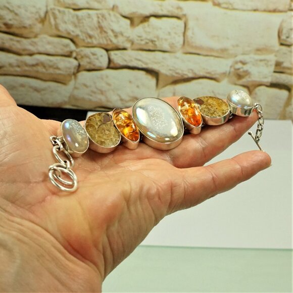 Rare Multi Stone 925 Silver Link Toggle Bracelet With Amber Ammonite Druzy MOP - Picture 16 of 16